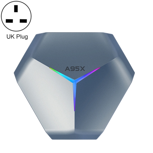 A95X F4 8K UHD Smart TV BOX Медиаплеер Android 10.0 с дистанционным управлением, четырехъядерный процессор Amlogic S905X4 Cortex-A55 до 2,0 ГГц, ОЗУ: 4 ГБ, ПЗУ: 64 ГБ, 2,4 ГГц/5 ГГц WiFi, Bluetooth, британская вилка (металлик синий)