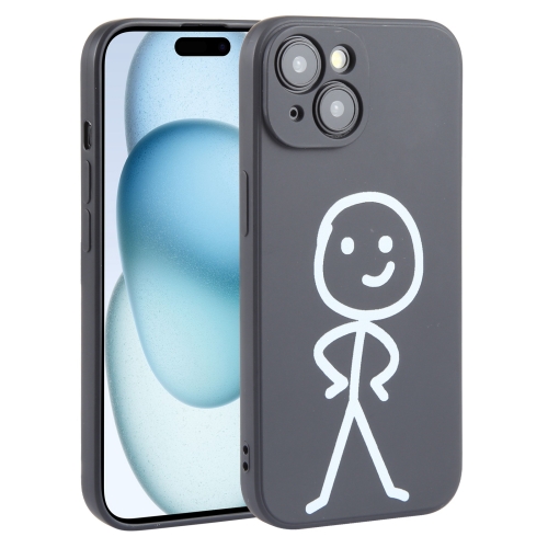 Жидкий силиконовый чехол для телефона с рисунком Stickman для iPhone 15 Plus (черный)