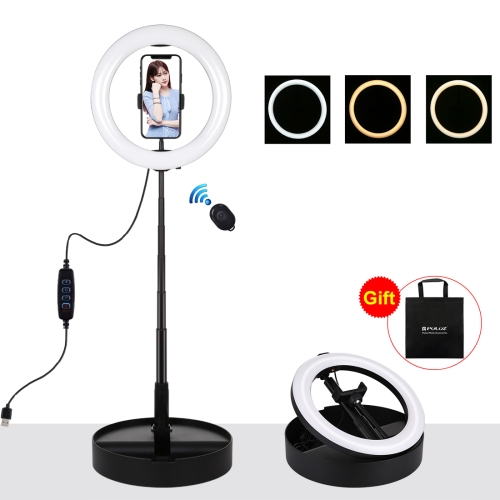PULUZ 10,2 дюйма, 26 см, USB, 3 режима, с регулируемой яркостью, двойная цветовая температура, светодиодное изогнутое кольцо, видеоблог, селфи, фотография, видео, подсветка с дистанционным управлением по Bluetooth, складной настольный держатель и зажим для телефона (черный)