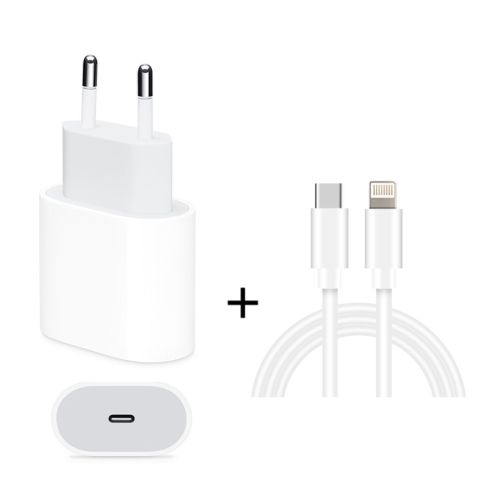 2 в 1 Дорожное зарядное устройство PD 18 Вт с одним интерфейсом USB-C / Type-C + 3A PD3.0 USB-C / Type-C - 8-контактный комплект кабелей для быстрой зарядки данных, длина кабеля: 1 м (вилка ЕС)