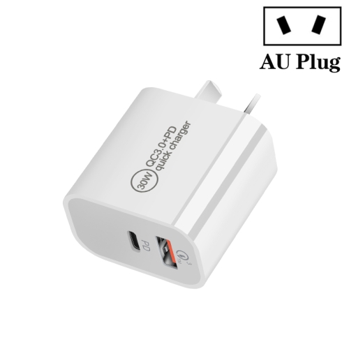PD30W USB-C / Type-C + QC3.0 USB-зарядное устройство с двумя портами, размер штекера: штекер AU