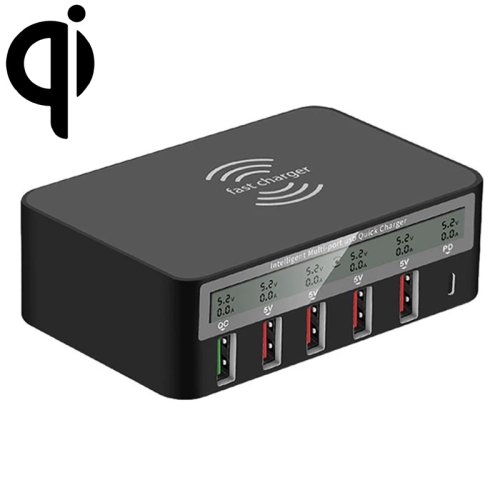 818PF, 100 Вт, 5 портов USB + беспроводное зарядное устройство для телефона с интеллектуальным цифровым дисплеем Type-C, стиль: вилка стандарта США (черный)